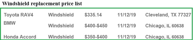 Windshield replacement price list